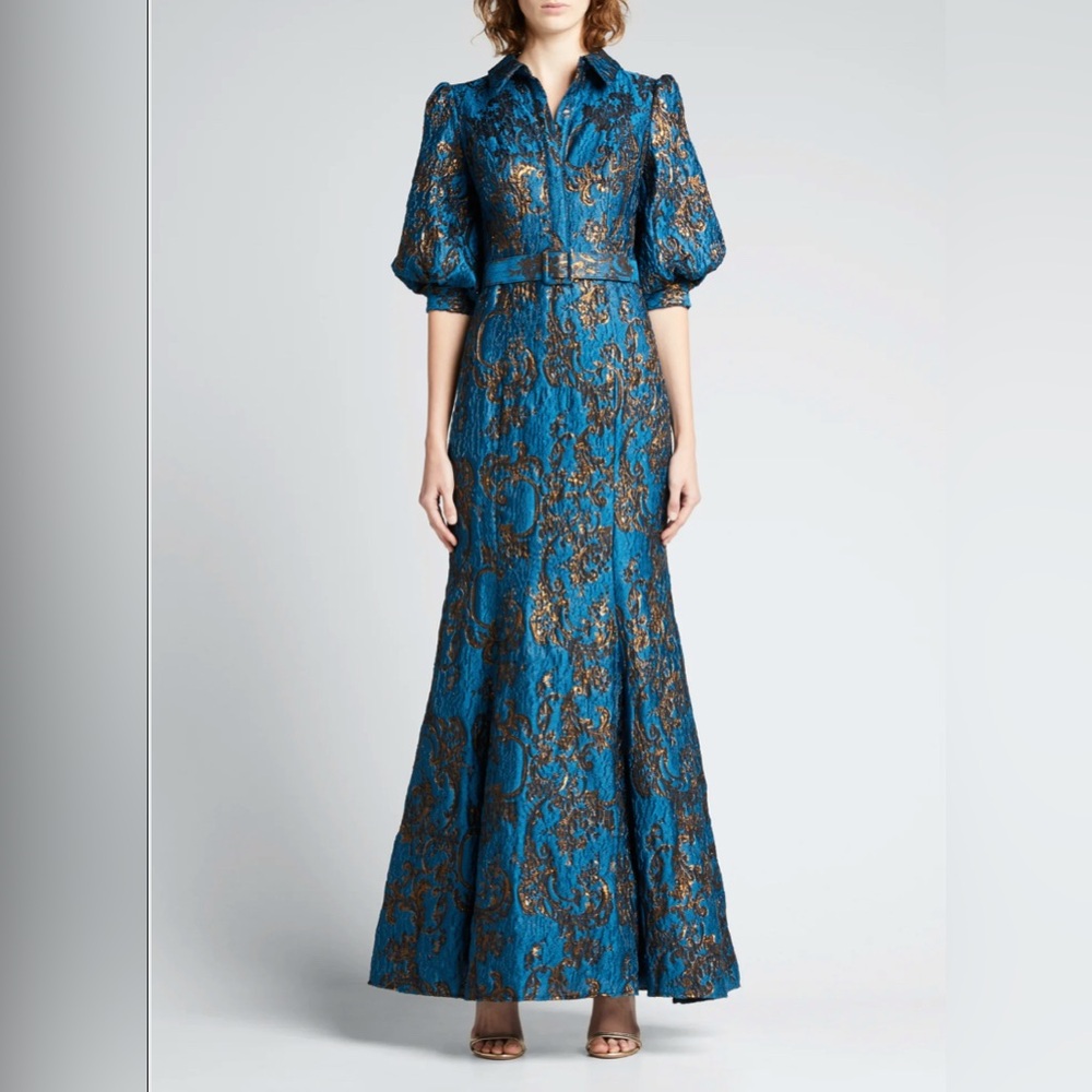 Badgley Mischka Metallic Brocade Jacquard Maxi Dress Blue Gold Puff Sleeve Dress